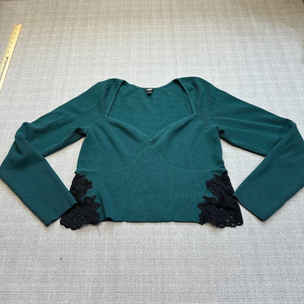 Express Ribbed Shirt Womens XL Green Sweater Corset Style Lace Whimsy Goth
